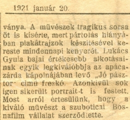  Lukács Gyula - Újságcikk Lukács Gyula kiállításáról 1. (Bácskai Hírlap, 1921. január 20.)