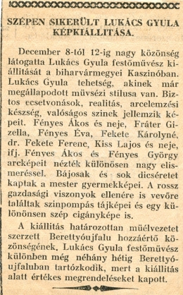  Lukács Gyula - Újságcikk Lukács Gyula kiállításáról 1. (Bácskai Hírlap, 1921. január 20.)