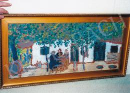 Rippl-Rónai József - Szőlőskertben, 30x68 cm, olaj, karton, Jelezve jobbra lent: Rónai, Jelezve a hátoldalon: a festő saját kezű írása: Szőlőben (Piacsek, Lazarine és Ripple bácsi), Fotó: Kieselbach Tamás