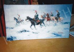  Pataky László - Huszárok hóviharban, 62x113 cm, olaj, vászon, Jelezve jobbra lent: Pataky L., Fotó: Kieselbach Tamás