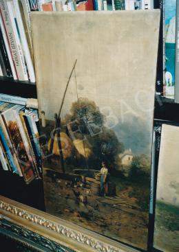 Mészöly Géza - Kútnál, 66,8x37,3 cm, olaj, fatábla, Jelezve jobbra lent: Mészöly, Fotó: Kieselbach Tamás