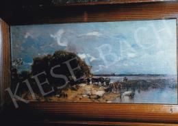 Mészöly Géza - Vízparti táj gomolygó fellegekkel, 15,5x33 cm, olaj, karton, Jelezve balra lent: MG, Fotó: Kieselbach Tamás