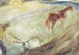  Litkey György - Szántogató az alkonyatban, 1935, 85x120 cm