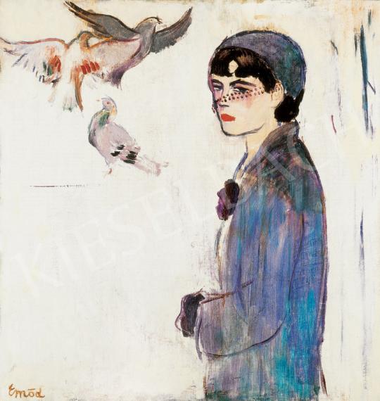 Emőd Aurél - Fiatal lány fátylas kalapban, lila kesztyűvel | 31. Aukció aukció / 122 tétel