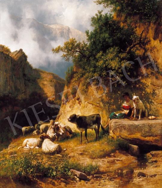 Markó András - Itáliai táj hegyi forrásnál pihenő pásztorlánnyal, 1888 | 20. Aukció aukció / 57 tétel