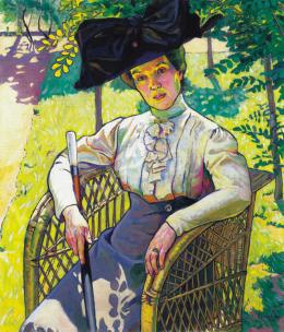  Plány Ervin - Kalapos hölgy napfényes kertben, 1910 