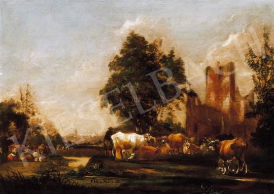 Ismeretlen német festő, 17. század vége - Németalföldi táj pihenő tehenekkel | 20. Aukció aukció / 117 tétel