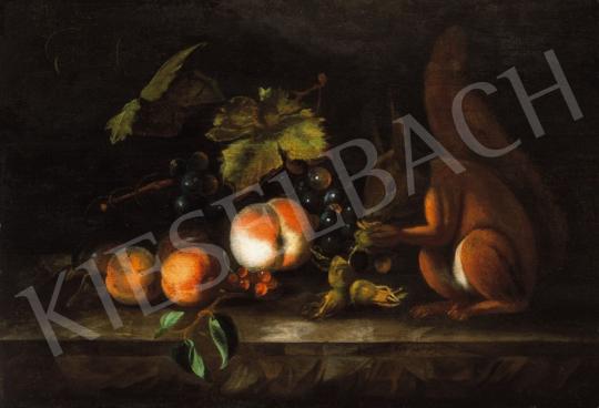 Ismeretlen németalföldi festő, Aelst jelzésse - Gyümölcscsendélet mókussal, 1672 | 20. Aukció aukció / 135 tétel
