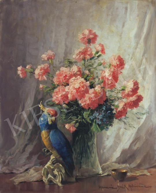  Henczné Deák, Adrienne - Carnation Boquet with Porcelane Parrot l | 34th Auction auction / 236 Lot