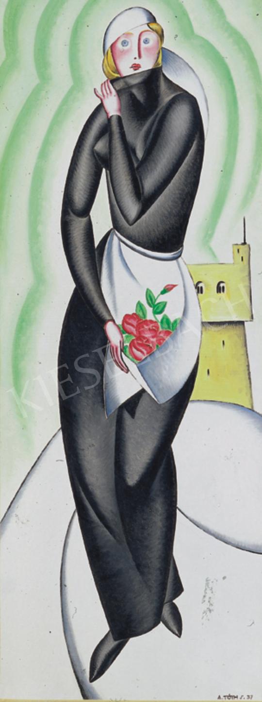 A. Tóth Sándor - Art deco nő virágokkal, 1937 | 34. Aukció aukció / 259 tétel