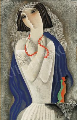  Kádár, Béla - Art Deco Girl Wearing Red Necklace of Pearls, c. 1934 