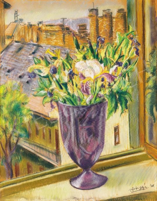  Vörös, Géza - Irises in a violet vase in a Budapest studio window, 1948 | 37th Auction auction / 139 Lot