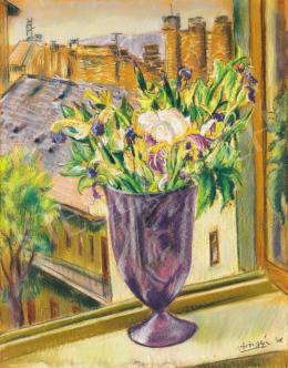  Vörös, Géza - Irises in a violet vase in a Budapest studio window, 1948 