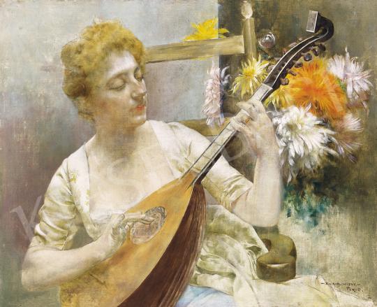  Karlovszky Bertalan - Párizsi nő mandolinnal, háttérben virágokkal | 39. Aukció aukció / 159 tétel