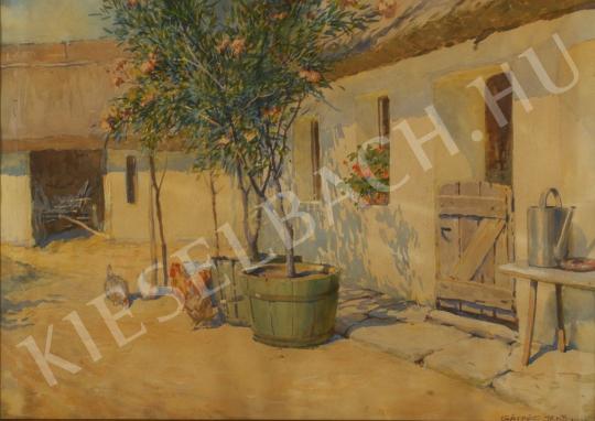 Gáspár Jenő - Napfényes tanyaudvar leanderekkel festménye