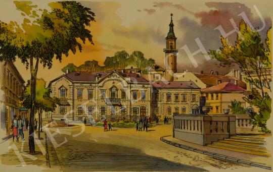 Gönczi Gebhardt Tibor - Veszprém,  a valamikor Vöröshadsereg tér a Tűztoronnyal festménye