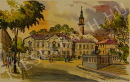 Gönczi Gebhardt Tibor - Veszprém,  a valamikor Vöröshadsereg tér a Tűztoronnyal (1956 körül)
