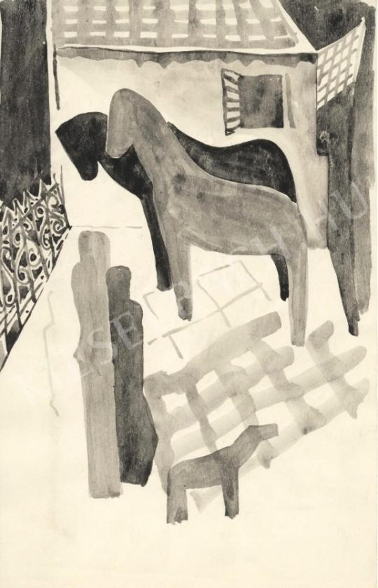  Kádár Béla - Ház előtt lovak kutya és emberek festménye