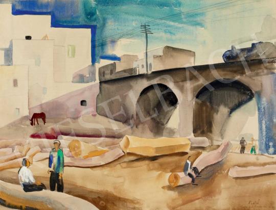  Patkó Károly - Olasz város viadukttal és gőzmozdonnyal (Torre del Greco) festménye