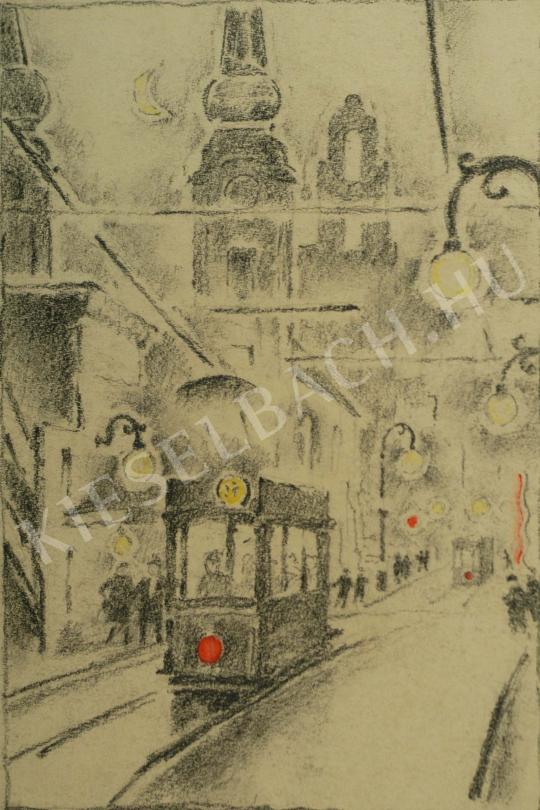 Pécsi-Pilch Dezső - Nagyvárosi utca villamossal, gázlámpával festménye
