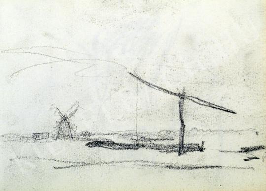  Nyilasy Sándor - Alföldi táj gémeskúttal, szélmalommal festménye