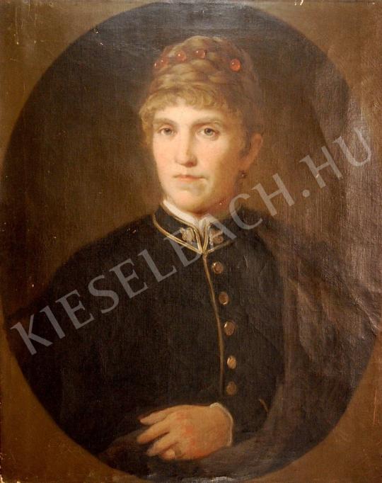  Jakobey Károly - Nemes asszony aranyszegélyes felsőben gyöngysoros hajkötővel festménye