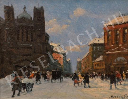 For sale  Berkes, Antal - Winter Streetview with Church and Gate 's painting