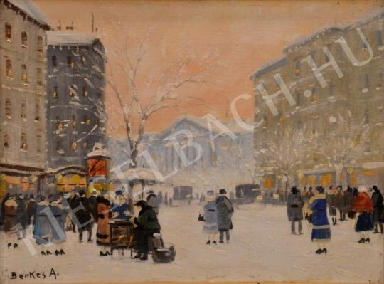  Berkes Antal - A téli Kálvin tér háttérben a Nemzeti Múzeummal, 1920-as évek festménye