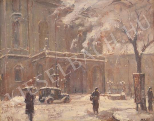 Guzsik Ödön - Hóesés az Operaház előtt festménye