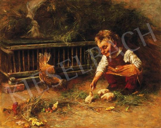  Peske Géza - Csibékkel játszó kislány, 1893 | 16. Aukció aukció / 142 tétel