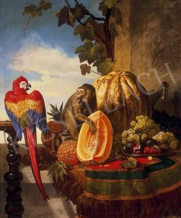 Unknown Austrian painter, about 1850 - Still life with parrot and monkey 