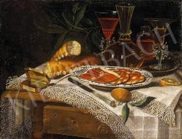 Unknown Italian painter, 18th century - Still life with ham and bread 