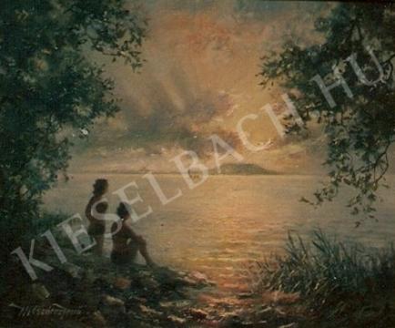 Mészáros, János - View of Badacsony with two women painting