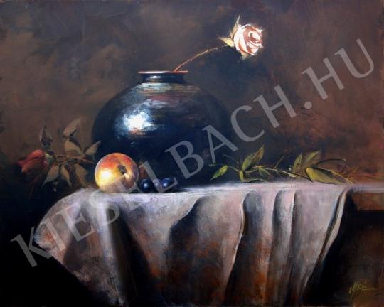 Mráz, János - Black vase with a rose painting