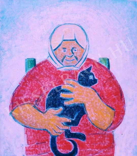 Járitz, Józsa - An old lady with a cat painting