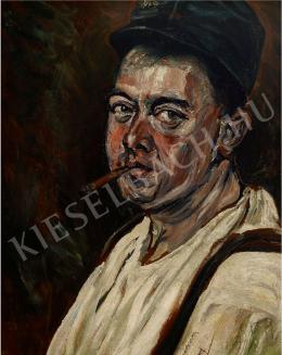  Scheiber, Hugó - Self-Portrait wits Soldier's Hat, Smoking a Cigar (1917)