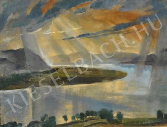  Szőnyi István - Dunapart felhők mögül kikandikáló nappal festménye