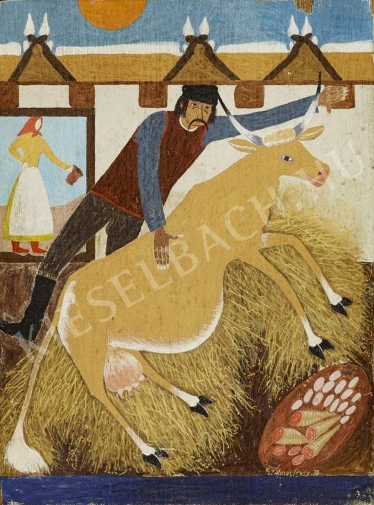 Szalmás Béla - Férfi tehénnel festménye