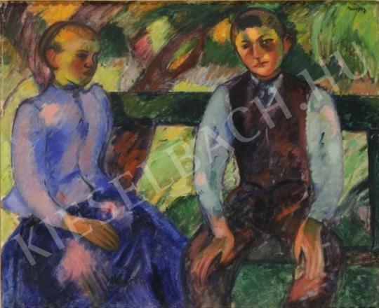  Márffy Ödön - Fiú és leány zöld padon ülve (Fiatal parasztpár) festménye