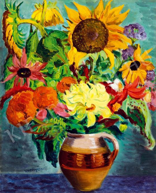  Vörös, Géza - Flower still life with sunflower, dahlia and aster painting