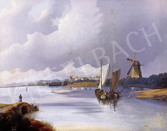 Ismeretlen holland festő, 19. század - Látkép vitorlással és szélmalommal, | 8. Aukció aukció / 286 tétel