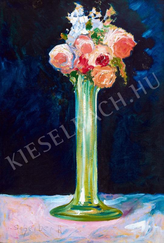  Scheiber Hugó - Rózsák zöld vázában festménye