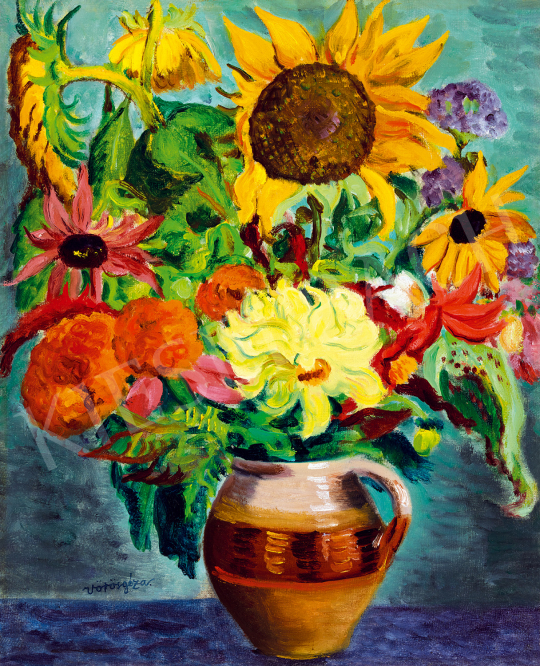  Vörös, Géza - Flower still life with sunflower, dahlia and aster | The 50th auction of the Kieselbach Gallery. auction / 38 Lot