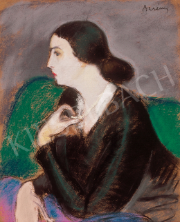 Berény, Róbert - Lady in green armchair with necklace 