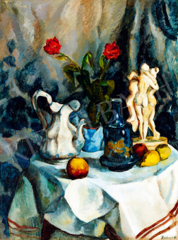  Perlrott Csaba, Vilmos - Still life with flowers, fruits, sculptures in the studio (1910s)