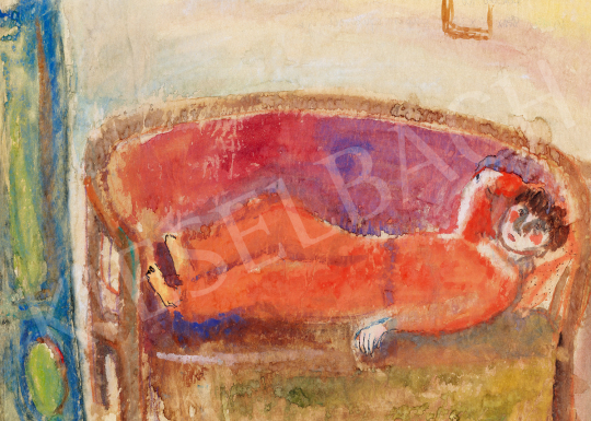  Anna Margit - Piros pizsamás önarckép (Fekvő nő) | 50. őszi aukció aukció / 129 tétel