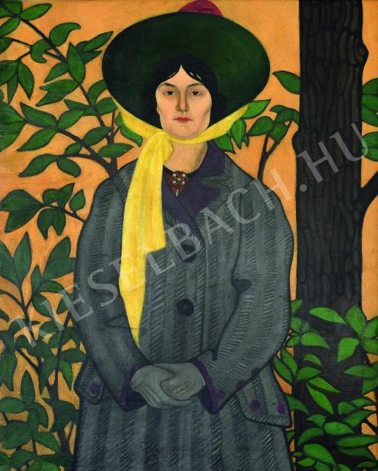 Remsey Zoltán - Kalapos nő fa előtt festménye