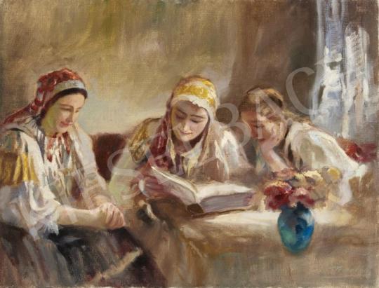 Péczely Antal - Napsütéses szobában olvasó lányok festménye