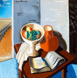  Bene, Géza - Studio Still-life with Book, Fruit Bowl, with the Blue Sky in the Background, 1929 