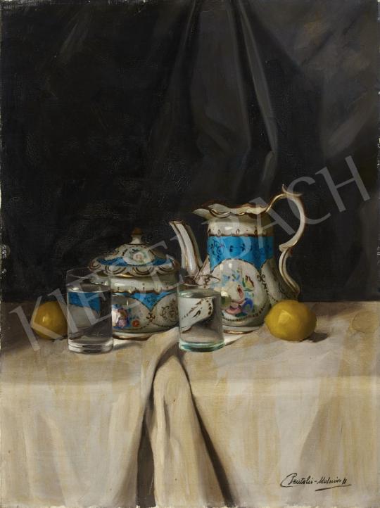 Eladó  Pentelei Molnár János - Csendélet porcelánnal, vizespohárral festménye